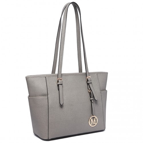 LM1642-1 - Miss Lulu Faux Leather Adjustable Handle Tote Bag - Grey | Neil's Luggage Store