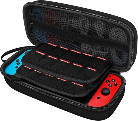 Nintendo Switch Carry Case with 20 game cartridge slots and space for Joy-Con controllers and accessories, black protective travel case