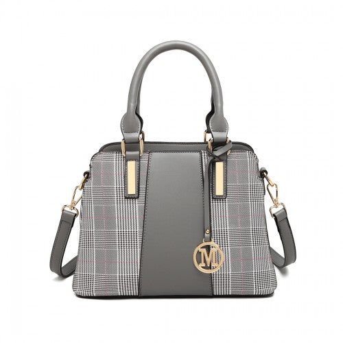 LG2001 - Miss Lulu Gingham Plaid Panel Shoulder Bag - Grey | Neil's Luggage Store