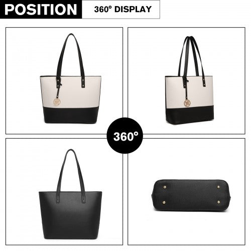 LG2023 - Miss Lulu Elegant 3-Piece Leather Look Tote Bag Set - Versatile & Chic for Every Occasion - Black And Beige | Neil's Luggage Store