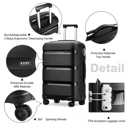 K2092L - Kono 20 Inch Bright Hard Shell PP Carry-On Suitcase In Cabin Size - Black | Neil's Luggage Store