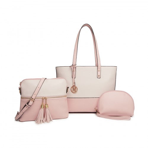 LG2023 - Miss Lulu Elegant 3-Piece Leather Look Tote Bag Set - Versatile & Chic for Every Occasion - Pink And Beige | Neil's Luggage Store