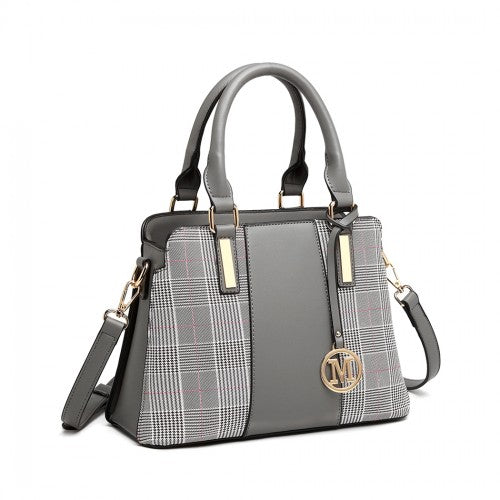 LG2001 - Miss Lulu Gingham Plaid Panel Shoulder Bag - Grey | Neil's Luggage Store