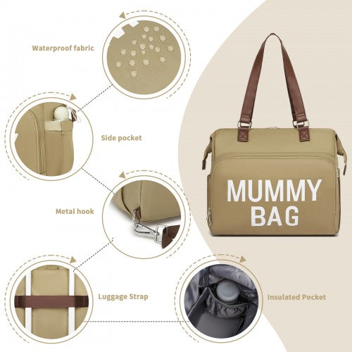 BCK2503 - Kono Large Nappy Changing Tote Bag with Shoe Compartment, Insulated Pockets & Waterproof Zip Pocket - Khaki