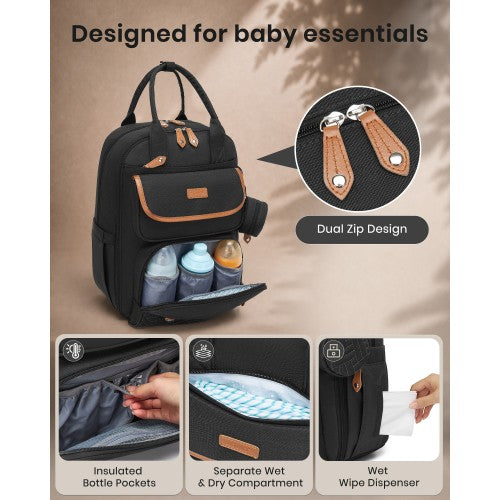 BCK2615 - Kono 3-in-1 Mummy Nappy Backpack Set with Changing Mat & Insulated Pacifier Pouch - Black by LuluBags