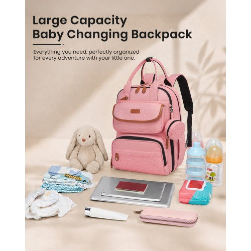 BCK2615 - Kono 3-in-1 Mummy Nappy Backpack Set with Changing Mat & Insulated Pacifier Pouch - Pink by LuluBags