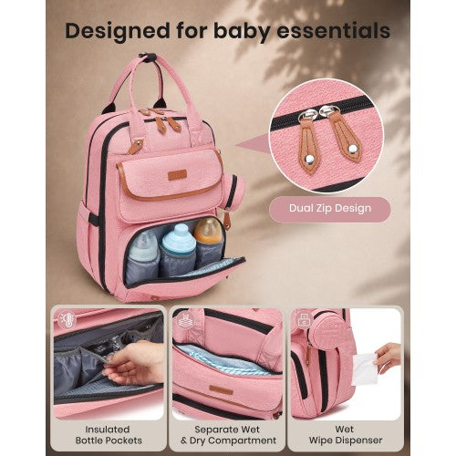 BCK2615 - Kono 3-in-1 Mummy Nappy Backpack Set with Changing Mat & Insulated Pacifier Pouch - Pink by LuluBags
