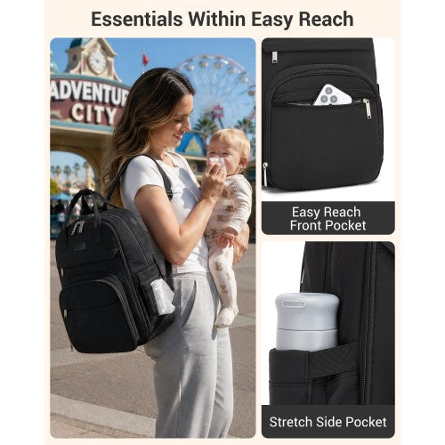 BCK2623 - Kono 2-in-1 Nappy Changing Backpack Set, Large Capacity Diaper Bag With Changing Mat - Black by LuluBags