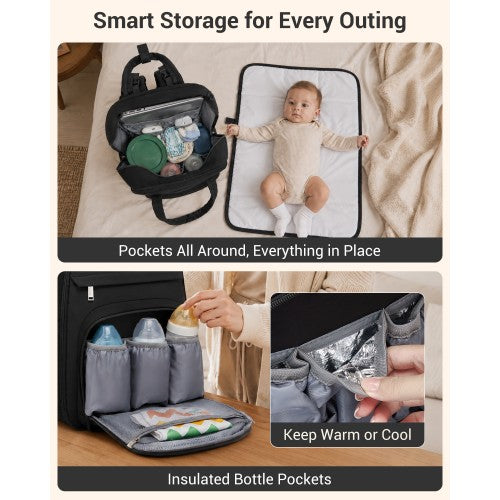 BCK2623 - Kono 2-in-1 Nappy Changing Backpack Set, Large Capacity Diaper Bag With Changing Mat - Black by LuluBags