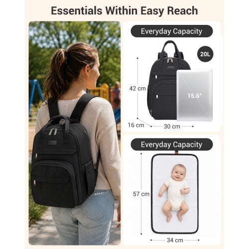 BCK2623 - Kono 2-in-1 Nappy Changing Backpack Set, Large Capacity Diaper Bag With Changing Mat - Black by LuluBags