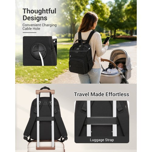 BCK2623 - Kono 2-in-1 Nappy Changing Backpack Set, Large Capacity Diaper Bag With Changing Mat - Black by LuluBags