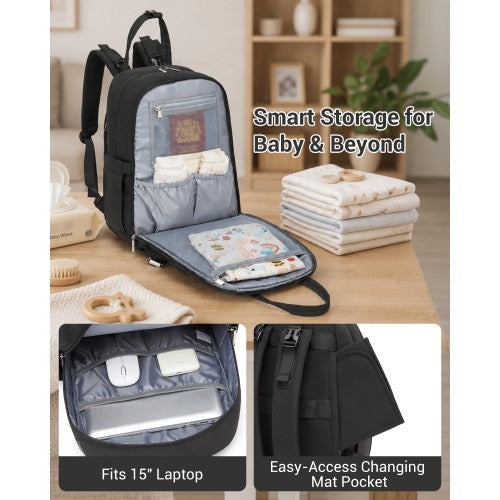 BCK2623 - Kono 2-in-1 Nappy Changing Backpack Set, Large Capacity Diaper Bag With Changing Mat - Black by LuluBags