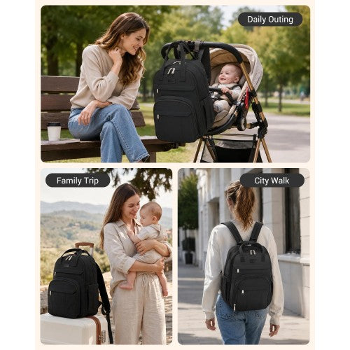 BCK2623 - Kono 2-in-1 Nappy Changing Backpack Set, Large Capacity Diaper Bag With Changing Mat - Black by LuluBags