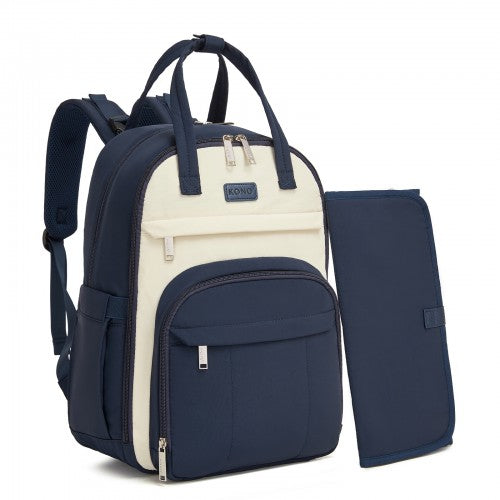 BCK2623 - Kono 2-in-1 Nappy Changing Backpack Set, Large Capacity Diaper Bag With Changing Mat - Navy And Beige by LuluBags