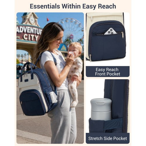 BCK2623 - Kono 2-in-1 Nappy Changing Backpack Set, Large Capacity Diaper Bag With Changing Mat - Navy And Beige by LuluBags