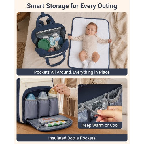 BCK2623 - Kono 2-in-1 Nappy Changing Backpack Set, Large Capacity Diaper Bag With Changing Mat - Navy And Beige by LuluBags