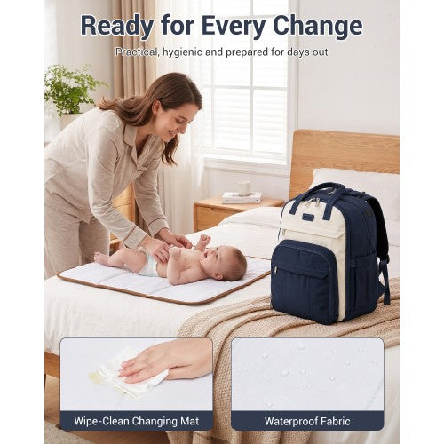 BCK2623 - Kono 2-in-1 Nappy Changing Backpack Set, Large Capacity Diaper Bag With Changing Mat - Navy And Beige by LuluBags