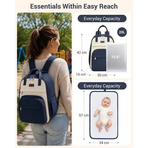 BCK2623 - Kono 2-in-1 Nappy Changing Backpack Set, Large Capacity Diaper Bag With Changing Mat - Navy And Beige by LuluBags