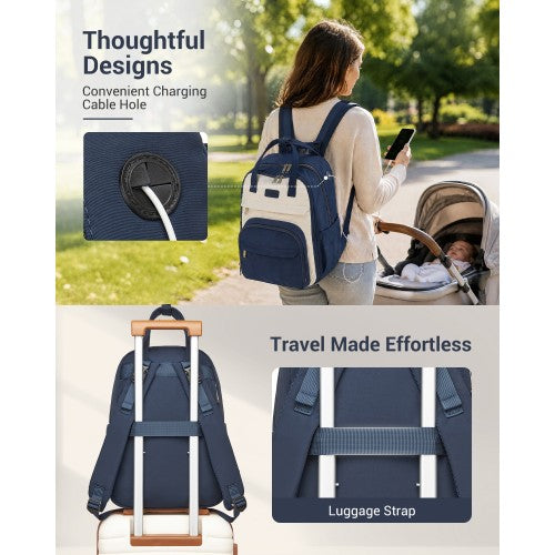 BCK2623 - Kono 2-in-1 Nappy Changing Backpack Set, Large Capacity Diaper Bag With Changing Mat - Navy And Beige by LuluBags