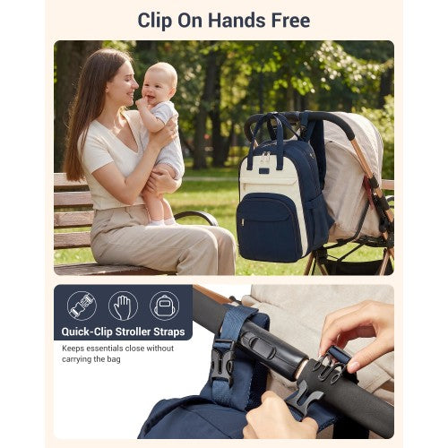 BCK2623 - Kono 2-in-1 Nappy Changing Backpack Set, Large Capacity Diaper Bag With Changing Mat - Navy And Beige by LuluBags