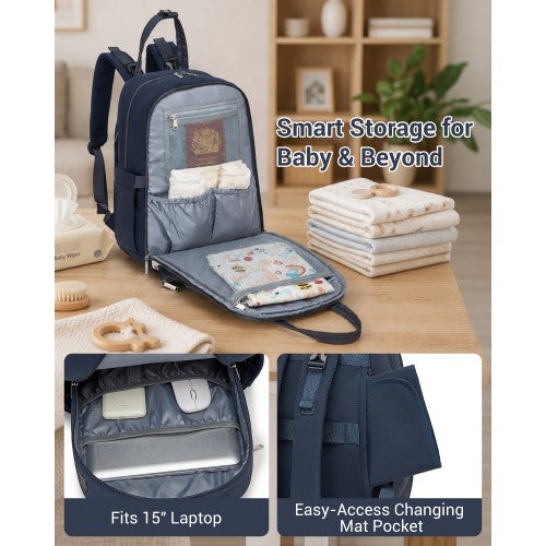 BCK2623 - Kono 2-in-1 Nappy Changing Backpack Set, Large Capacity Diaper Bag With Changing Mat - Navy And Beige by LuluBags