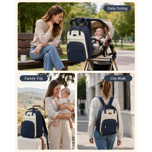 BCK2623 - Kono 2-in-1 Nappy Changing Backpack Set, Large Capacity Diaper Bag With Changing Mat - Navy And Beige by LuluBags