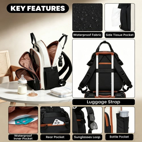BCM2532 - Miss Lulu Stylish Multifunctional Baby Changing Backpack with Insulated Bottle Holders, Stroller Clips & Trolley Sleeve for Everyday & Travel - Black and Beige