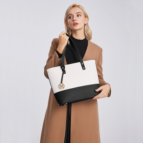 LG2023 - Miss Lulu Elegant 3-Piece Leather Look Tote Bag Set - Versatile & Chic for Every Occasion - Black And Beige | Neil's Luggage Store