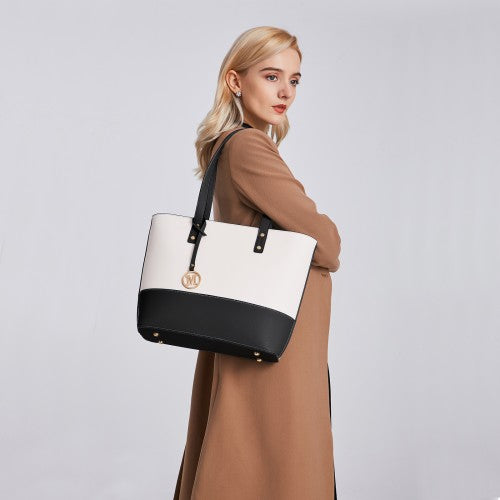 LG2023 - Miss Lulu Elegant 3-Piece Leather Look Tote Bag Set - Versatile & Chic for Every Occasion - Black And Beige | Neil's Luggage Store