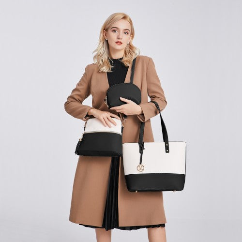 LG2023 - Miss Lulu Elegant 3-Piece Leather Look Tote Bag Set - Versatile & Chic for Every Occasion - Black And Beige | Neil's Luggage Store