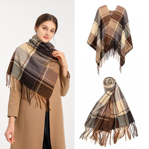 S6430 - Women Fashion Long Shawl Grid Tassel Winter Warm Lattice Large Scarf - Brown | Neil's Luggage Store