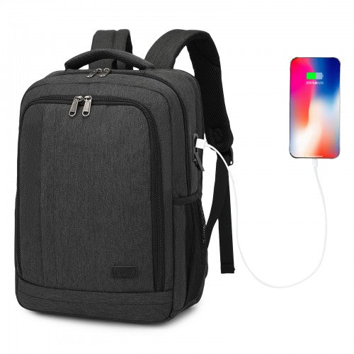Kono Commuter Laptop Backpack with USB & Type-C Port, Anti-Theft Pocket & Organised Storage - Black