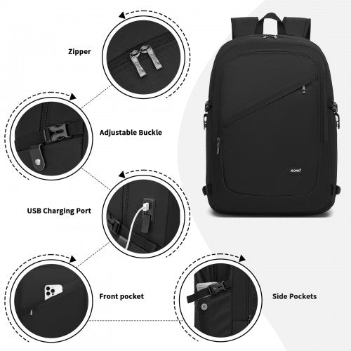 BPK2501 - Kono Modern Urban Style Laptop Backpack – School & Commuter Rucksack with USB & Type-C Charging Port - Black | Neil's Luggage Store