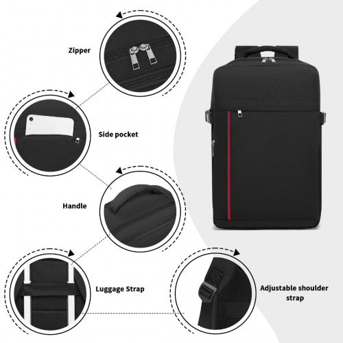 Kono 20L Cabin Backpack with Red Trim for 15.6" Laptop, Water-Resistant Travel Daypack with Luggage Strap - Black