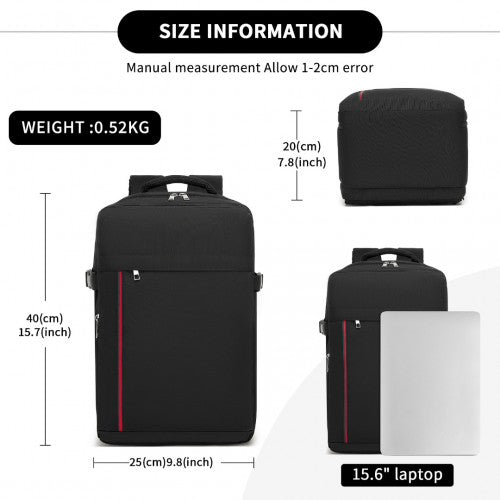 Kono 20L Cabin Backpack with Red Trim for 15.6" Laptop, Water-Resistant Travel Daypack with Luggage Strap - Black