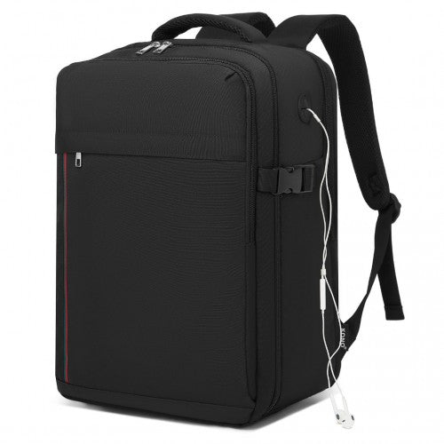 Kono 20L Cabin Backpack with Red Trim for 15.6" Laptop, Water-Resistant Travel Daypack with Luggage Strap - Black