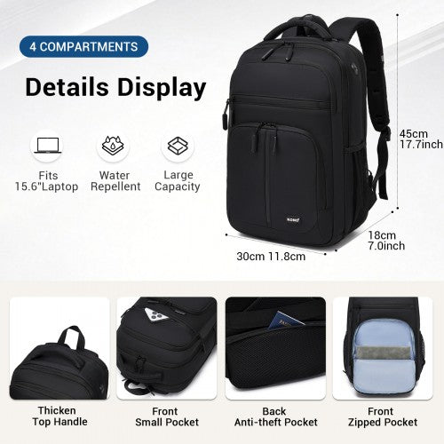 Kono Laptop Backpack With 15.6 Inch Laptop Compartment Durable For Work Black | Neil's Luggage Store