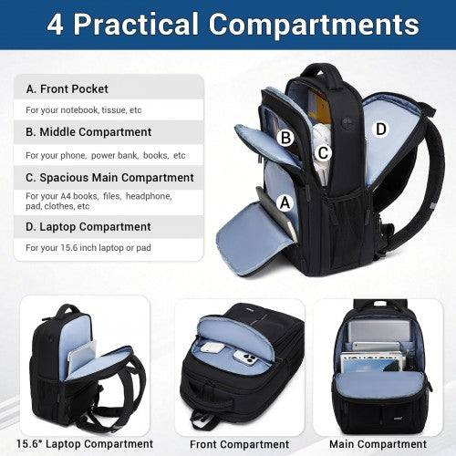 Kono Laptop Backpack With 15.6 Inch Laptop Compartment Durable For Work Black | Neil's Luggage Store