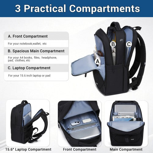 BPK2519 - Kono Laptop Backpack with 15.6" Laptop Compartment, Stylish Commuter Bag with Reflective Straps - Black | Neil's Luggage Store