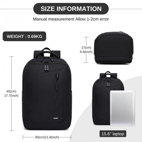 BPK2519 - Kono Laptop Backpack with 15.6" Laptop Compartment, Stylish Commuter Bag with Reflective Straps - Black | Neil's Luggage Store