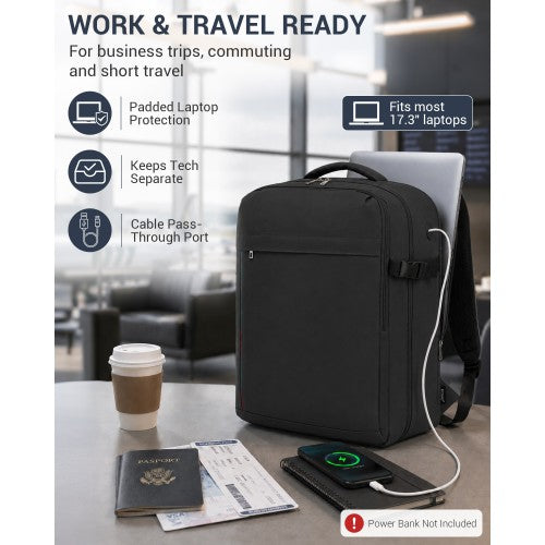 Kono 32L Upgraded Cabin Backpack 17.3 Inch Laptop Sleeve And Luggage Strap Black | Neil's Luggage Store