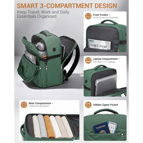 Kono 32L Cabin Backpack For 17.3 Laptop Breathable Straps Trolley Green | Neil's Luggage Store