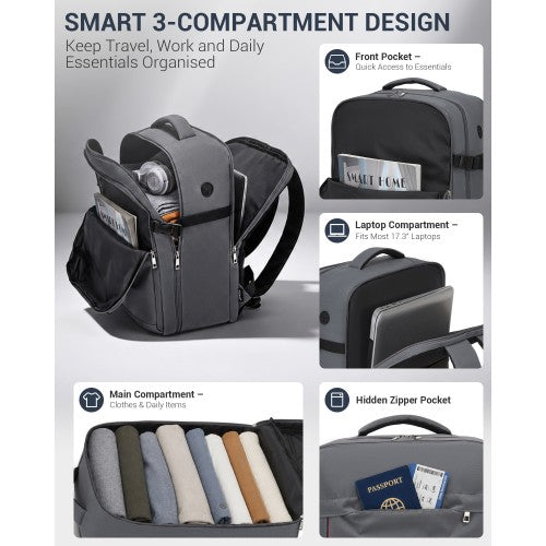 Kono 32L Cabin Backpack 17 Inch Laptop Rucksack With Trolley Strap Grey | Neil's Luggage Store