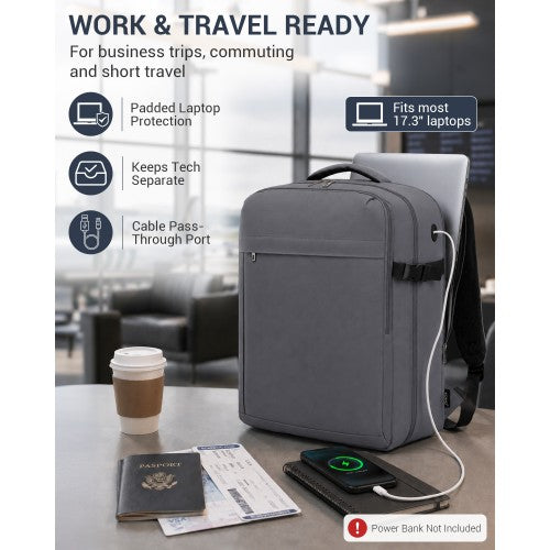 Kono 32L Cabin Backpack 17 Inch Laptop Rucksack With Trolley Strap Grey | Neil's Luggage Store