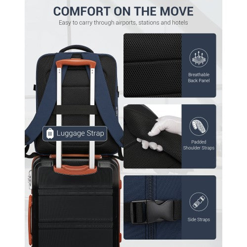 Kono 32L Upgraded Cabin Backpack 17 Inch Laptop Navy With Luggage Trolley Strap | Neil's Luggage Store