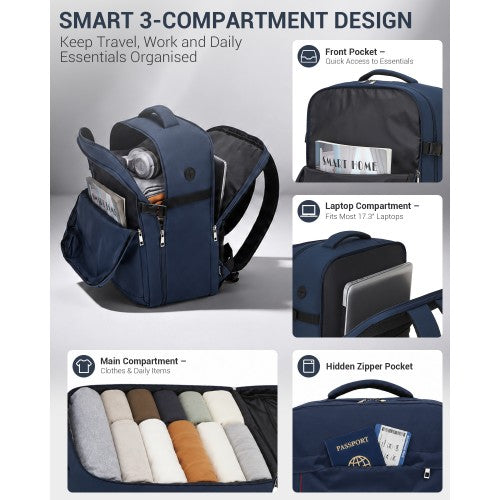 Kono 32L Upgraded Cabin Backpack 17 Inch Laptop Navy With Luggage Trolley Strap | Neil's Luggage Store