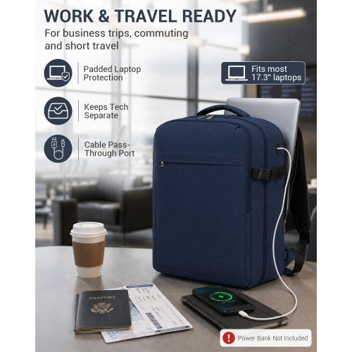 Kono 32L Upgraded Cabin Backpack 17 Inch Laptop Navy With Luggage Trolley Strap | Neil's Luggage Store