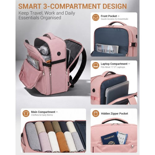 Kono 32L Pink Cabin Backpack 17.3 Inch Laptop Rucksack With Breathable Straps | Neil's Luggage Store