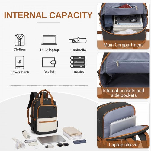 Kono Functional Laptop Backpack Water Resistant Padded Sleeve Black Beige | Neil's Luggage Store