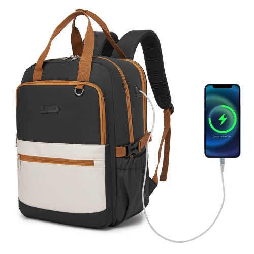 Kono Functional Laptop Backpack Water Resistant Padded Sleeve Black Beige | Neil's Luggage Store